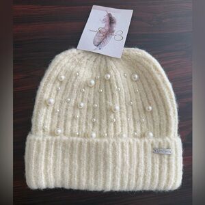 NWT Jessica Simpson Pearl Studded Ivory Knit Beanie Hat Thick Warm Ski Bunny